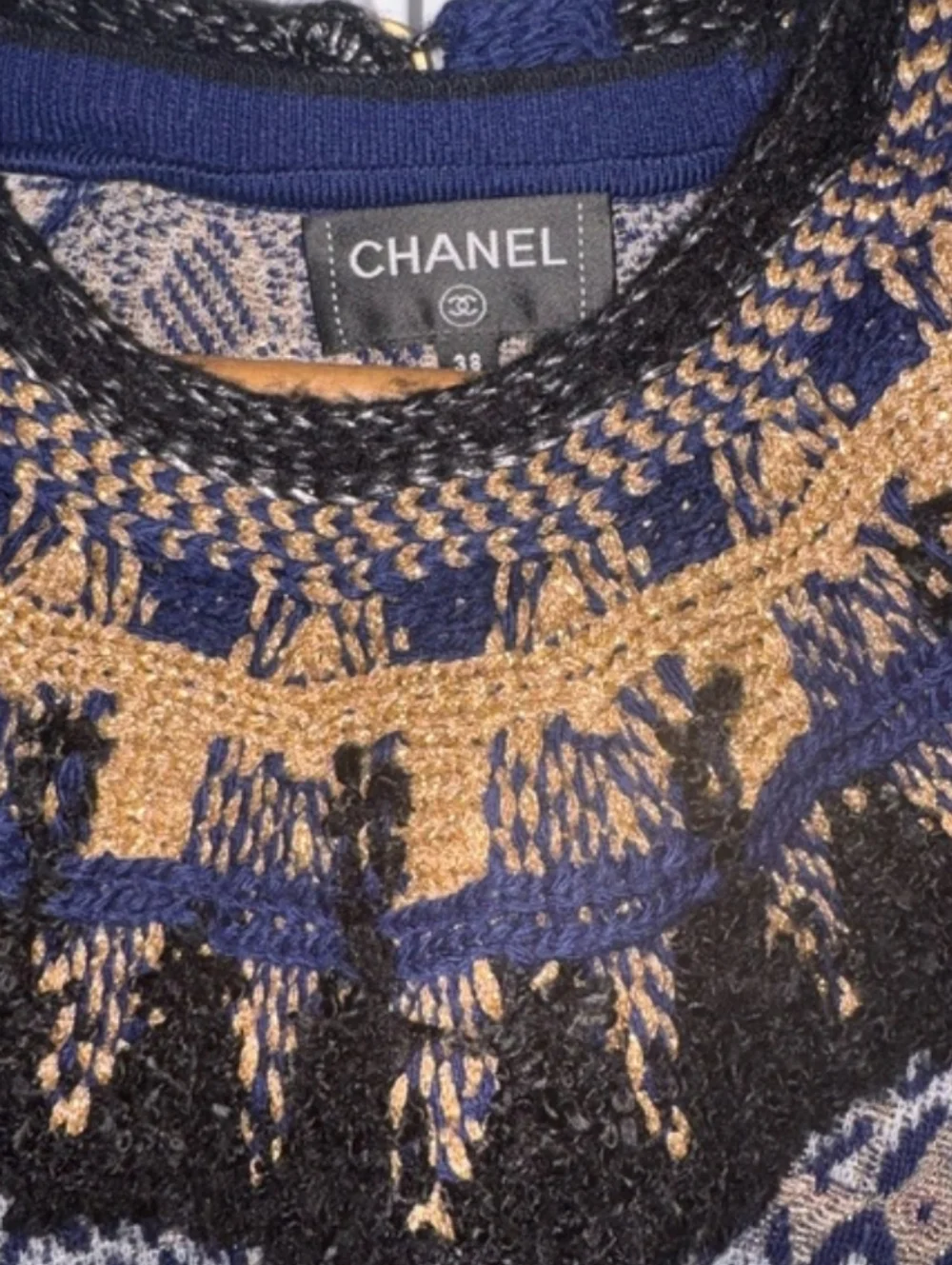 CHANEL Navy, Tan and Black Fair Isle Yoke Sweater